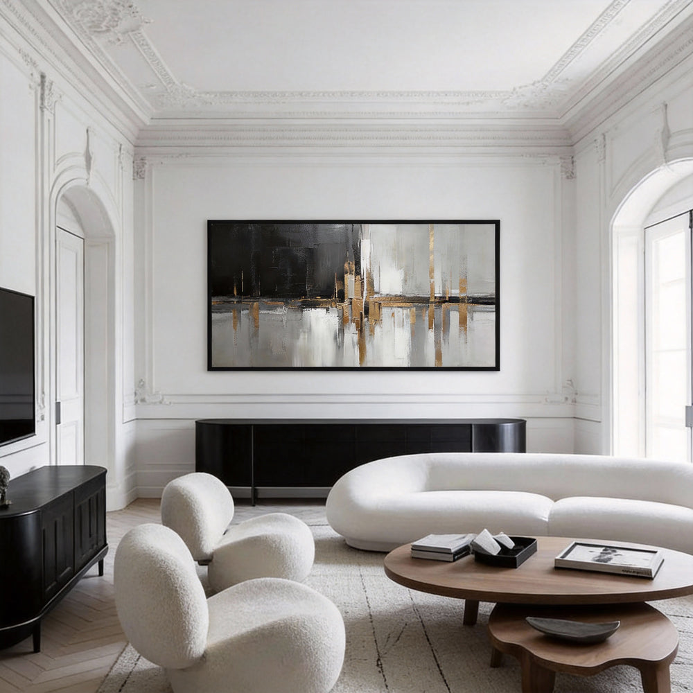 Handcrafted Elegance Golden Glow and Ink Shadow Harmony Painting-Landscape Orientation