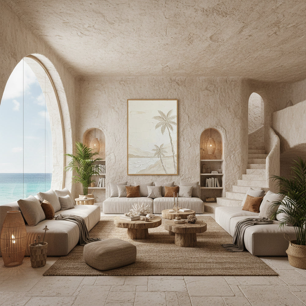 Coastal Palm Whisper | Minimal Textured Seascape Style Hand-Painted Oil Painting Wall Art