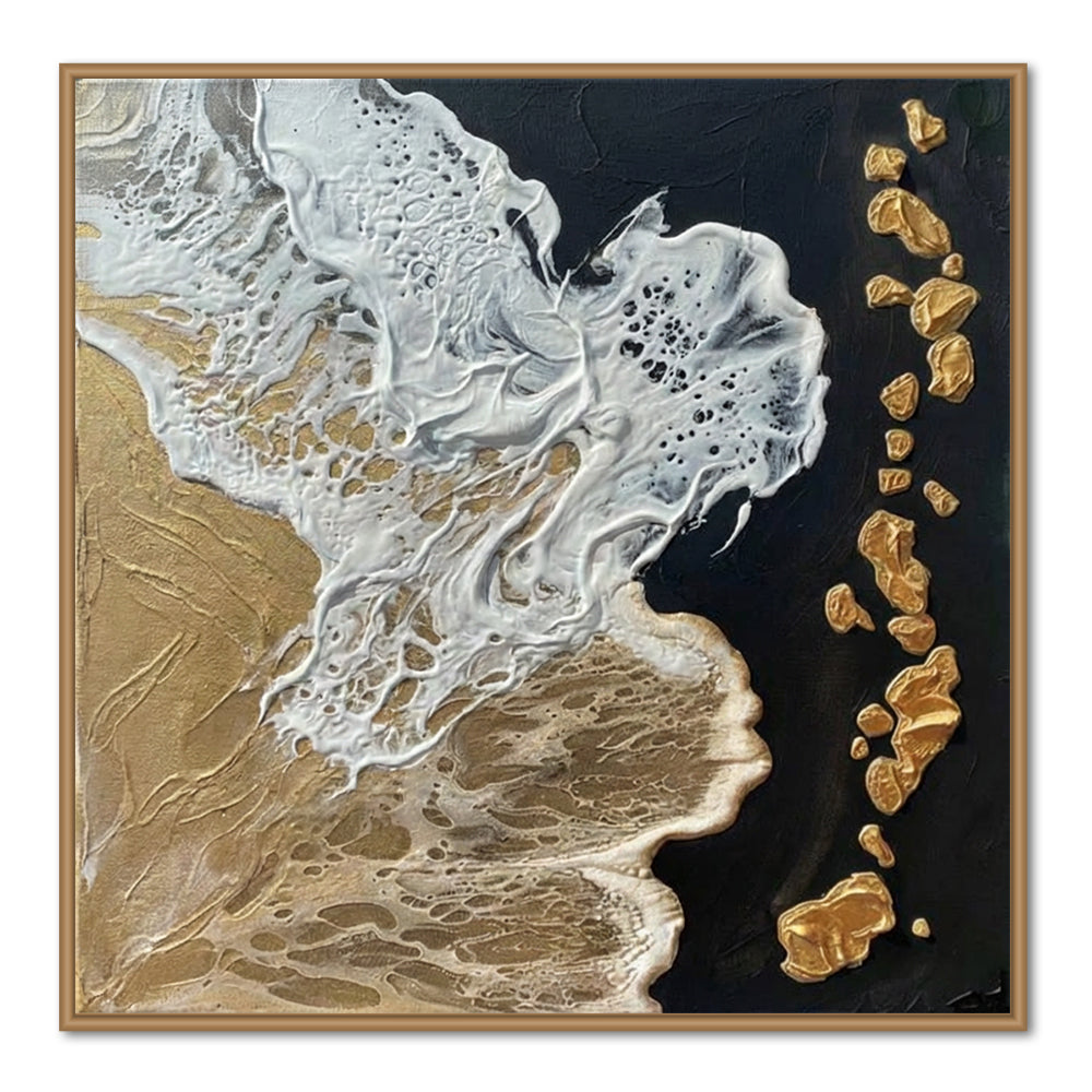 Gold, Black & White Tones – Sea Foam & Rock Elements  Handcrafted Painting