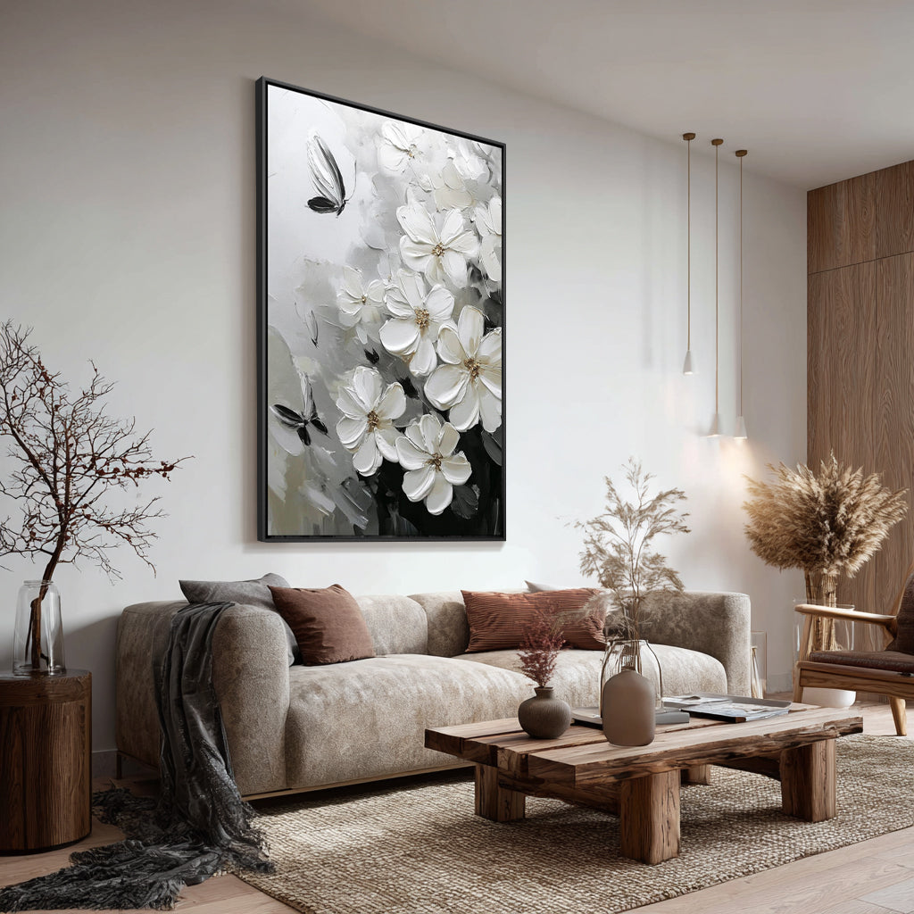 Dancing White Butterflies Among the Blossoms Handcrafted Painting Wall Decor