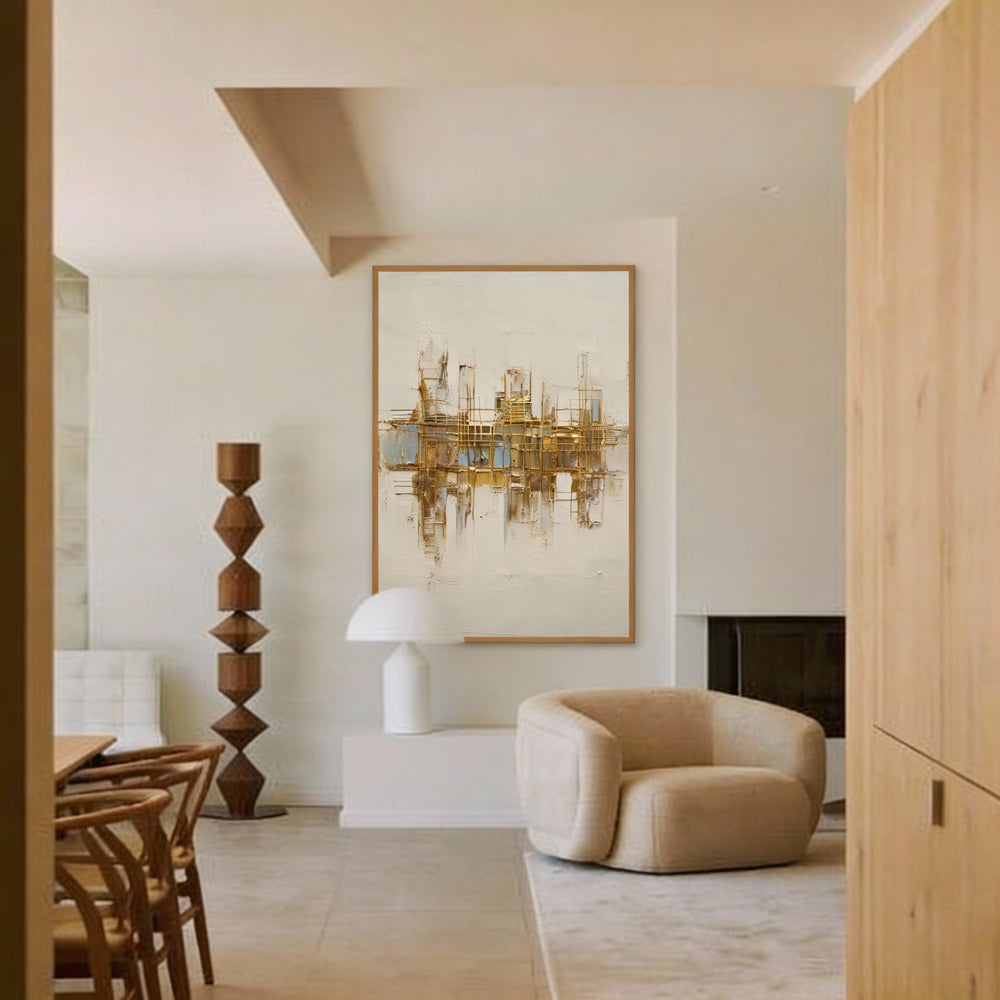 Golden Grid Structure Theme Painting – Modern Abstract Style Handmade Texture Wall Art-Portrait Orientation