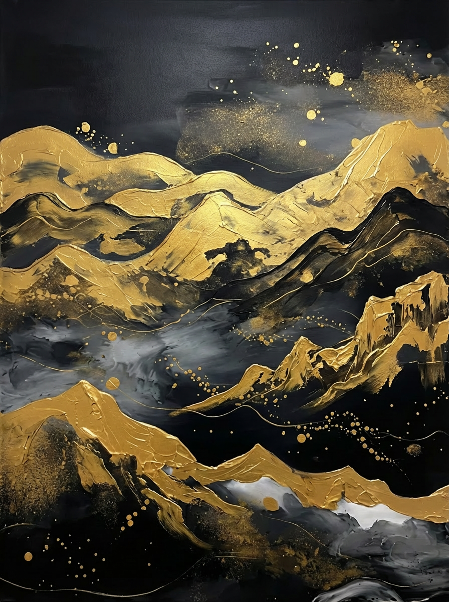 Golden Night Peaks – Abstract Metallic Landscape Oil-Style Artwork Handcrafted Painting