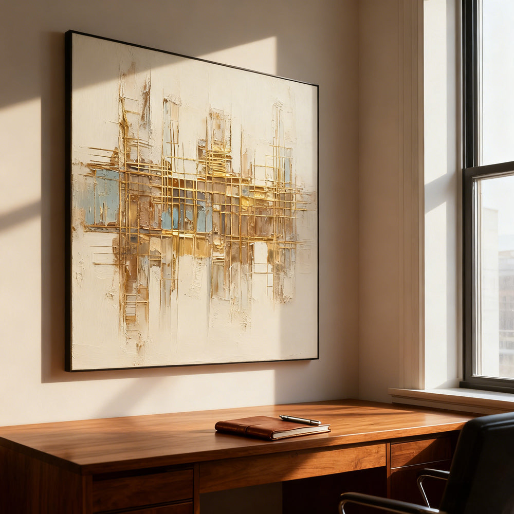 Golden Grid Structure Theme Painting – Modern Abstract Style Handmade Texture Wall Art