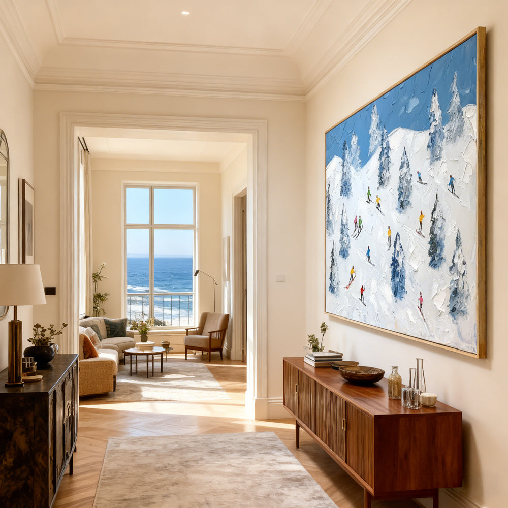 Winter Ski Adventure – Modern Impasto Style Handmade Oil Painting Wall Art