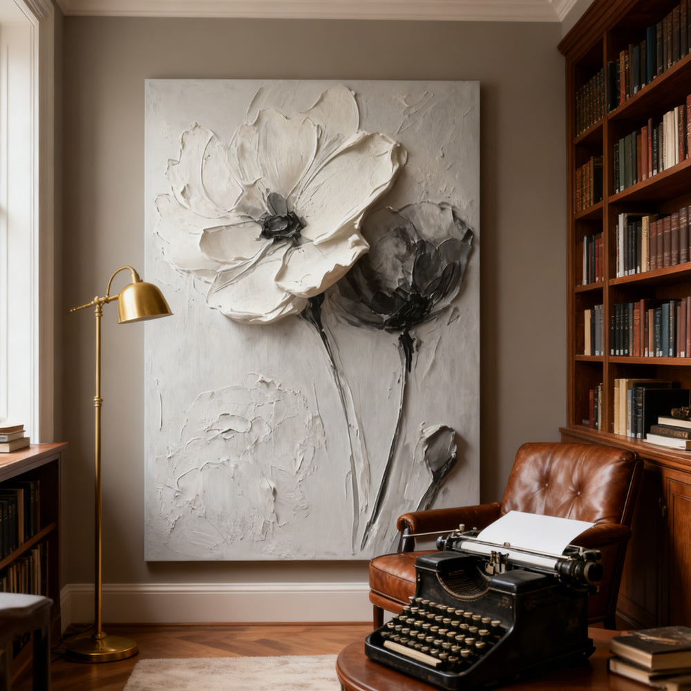 Monochrome Petal Duo Texture Art – Minimalist Impressionistic Floral Style Handmade Oil Painting Wall Art