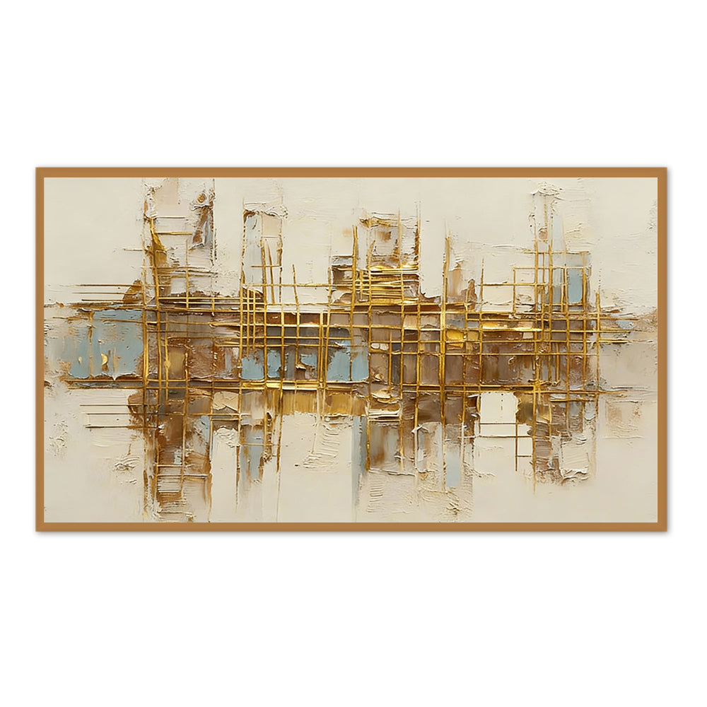 Golden Grid Structure Theme Painting – Modern Abstract Style Handmade Texture Wall Art-Landscape Orientation