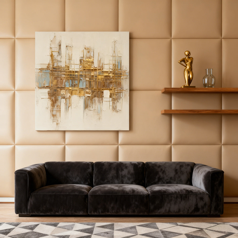 Golden Grid Structure Theme Painting – Modern Abstract Style Handmade Texture Wall Art