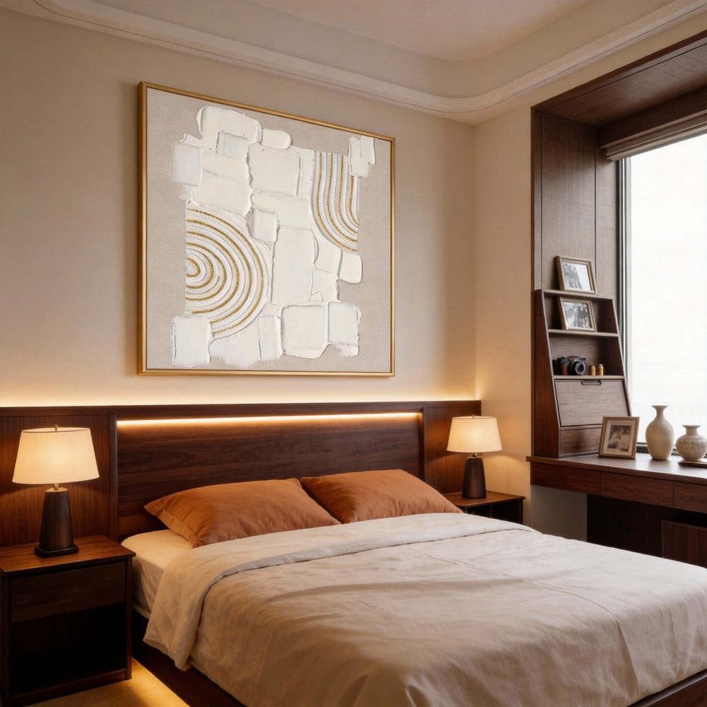 Original handmade texture art, crafted with plaster and golden lines, adding unique depth and serene modern Wabi-Sabi charm.-square canvas