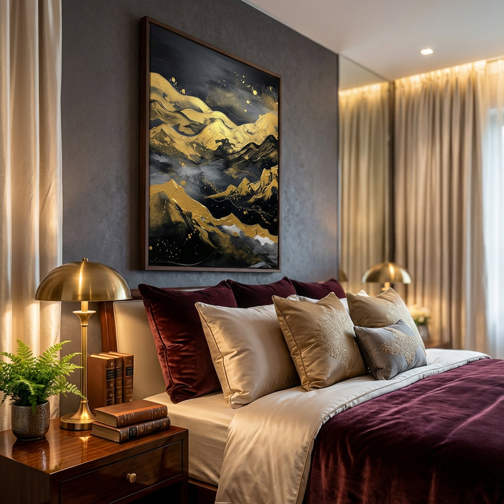 Golden Night Peaks – Abstract Metallic Landscape Oil-Style Artwork Handcrafted Painting