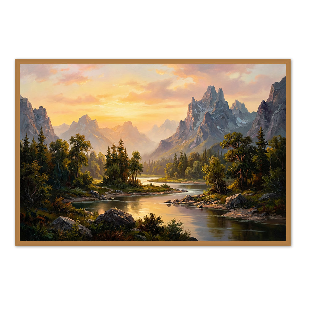 Sunlit Valley Serenity – Realist Mountain River Landscape Oil-Style Artwork Handcrafted Painting