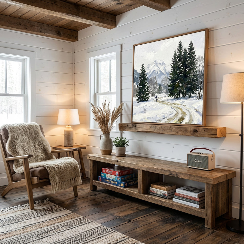 Winter Path Reflections – Impressionist Snowy Forest Landscape Oil-Style Artwork Handcrafted Painting