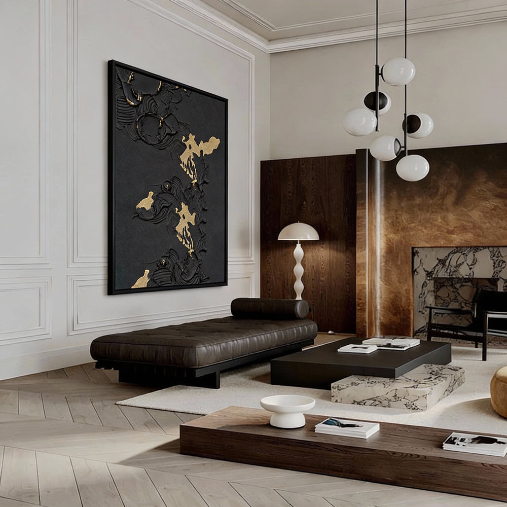 Handmade Abstract Wall Art – Black Textured Painting with Gold Accents-Portrait Orientation