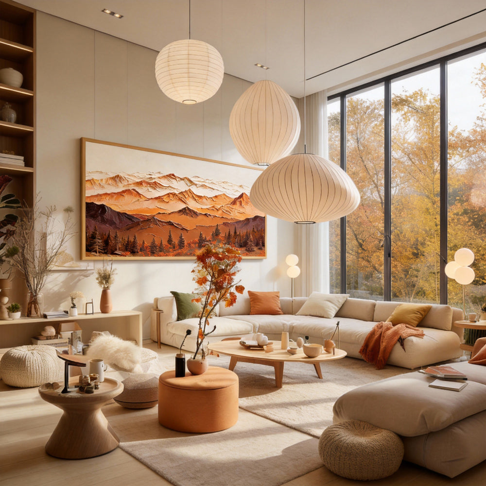 Majestic Mountain Serenity – Abstract Texture Landscape in Warm Earth Tones, Layered Peaks and Forest Elements-Landscape Orientation