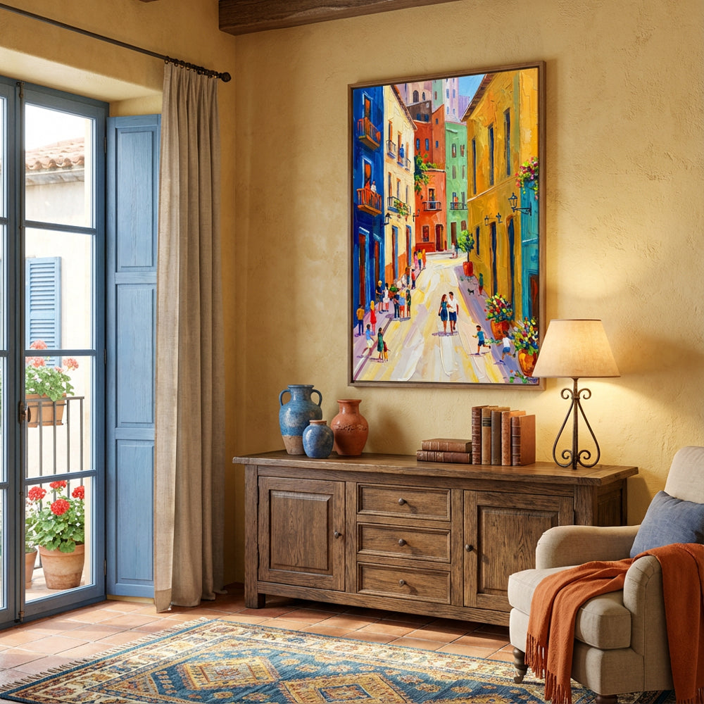 Colorful Street Scene Painting – Impressionist Palette Knife Style – Vibrant Multicolor Tones – Cityscape & Figures Wall Art