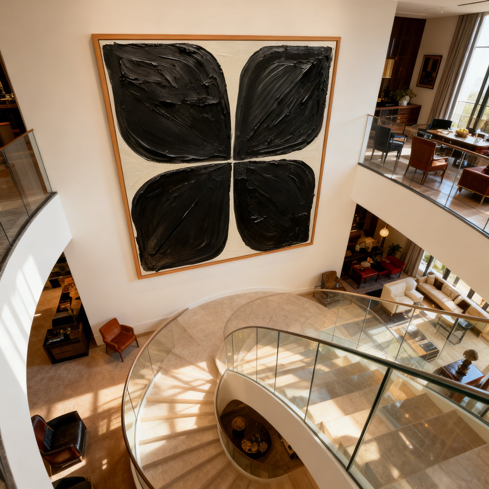 Black Quad Form Texture Art – Minimalist Abstract Style Handmade Oil Painting Wall Art