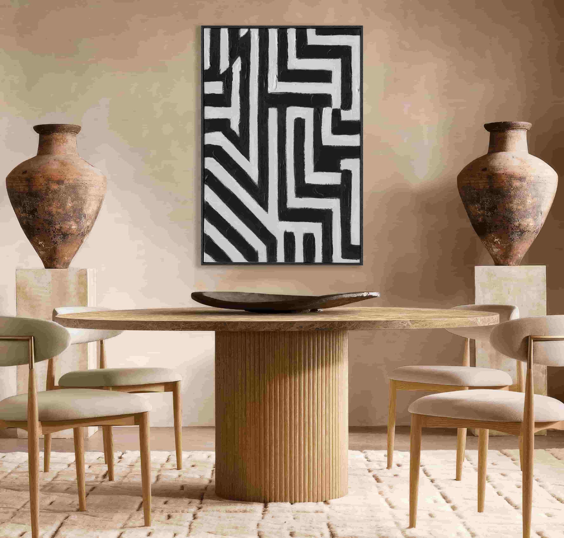 Handmade Textured Wall Art – Black & White Geometric Abstract Painting