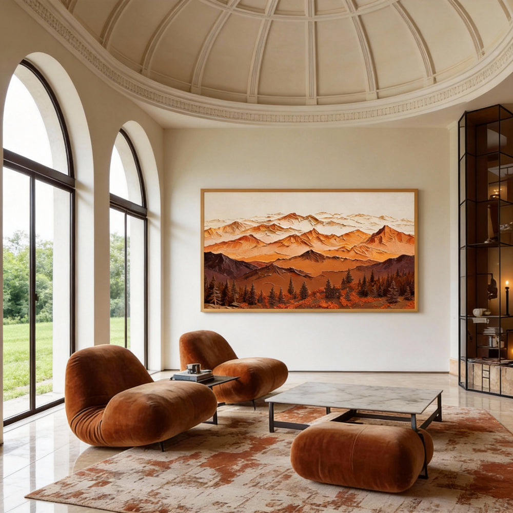 Majestic Mountain Serenity – Abstract Texture Landscape in Warm Earth Tones, Layered Peaks and Forest Elements-Landscape Orientation