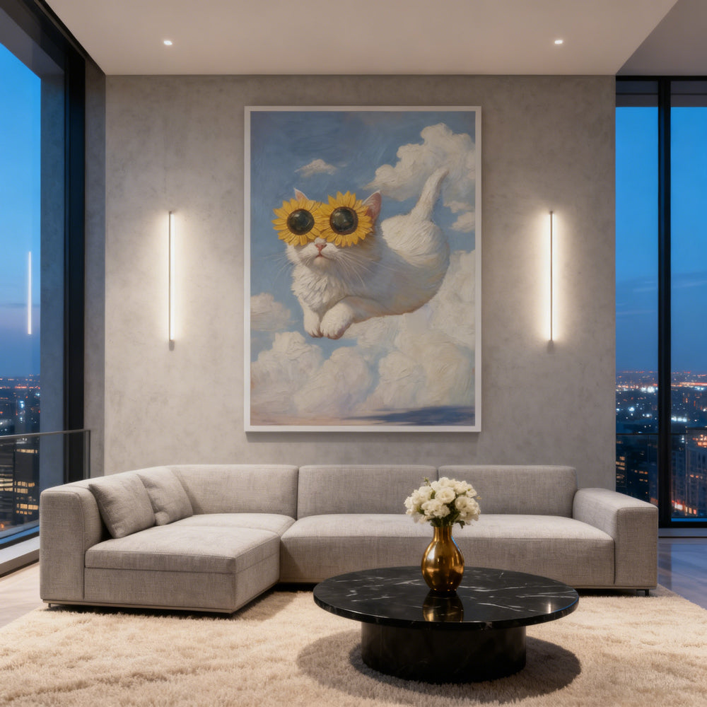 Sunflower Shades Cat – Surreal Fantasy Style Hand-Painted Oil Painting Wall Art