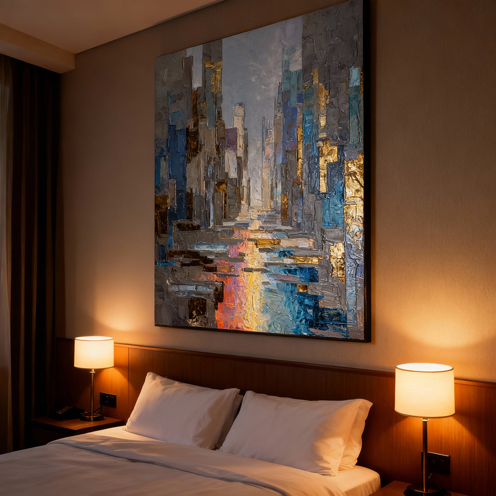 Dimension of Time – Modern Abstract Cityscape Texture Painting, Handmade Oil Wall Art for Contemporary Interior Decoration