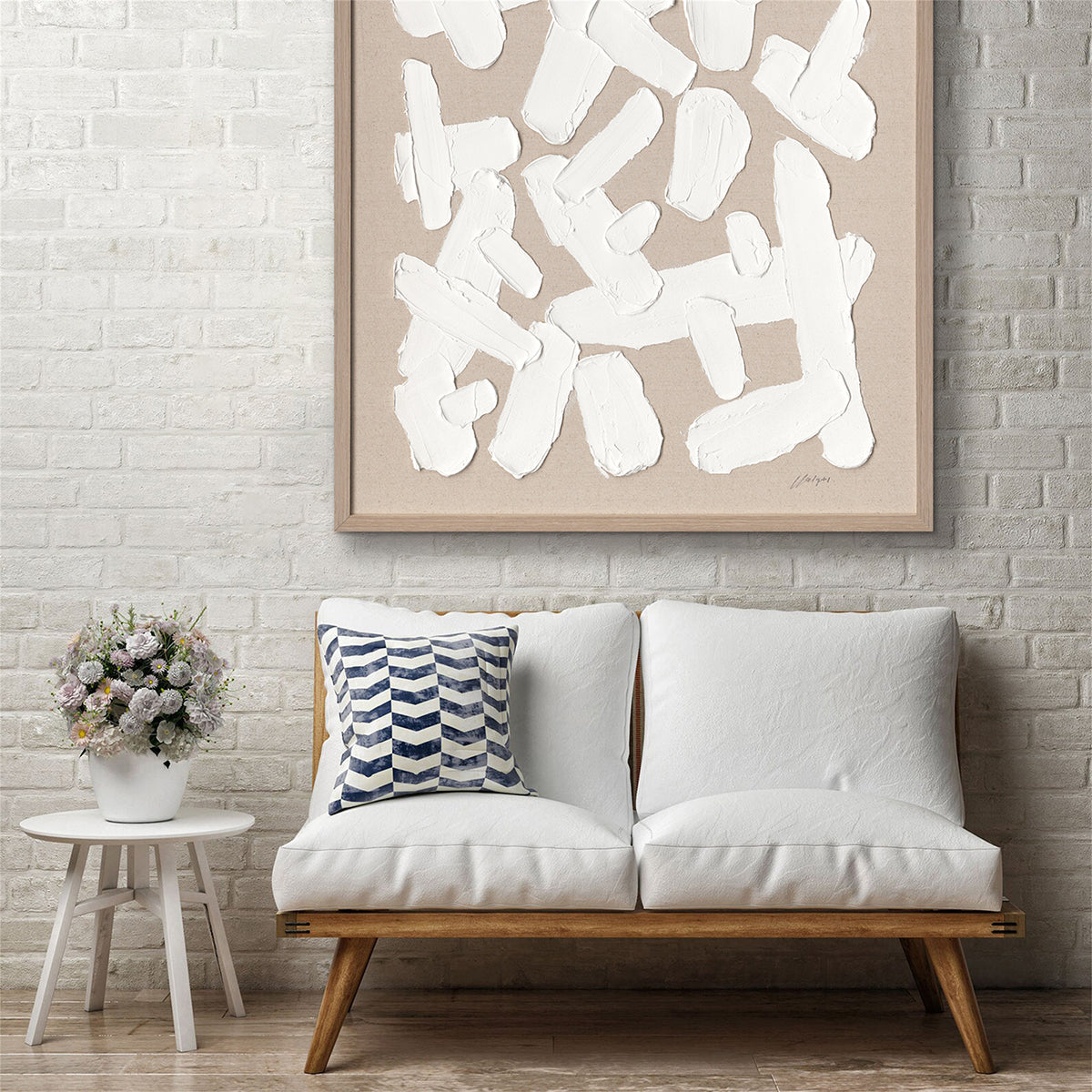 Bold white textures on natural canvas embody purity, simplicity, and modern abstract elegance