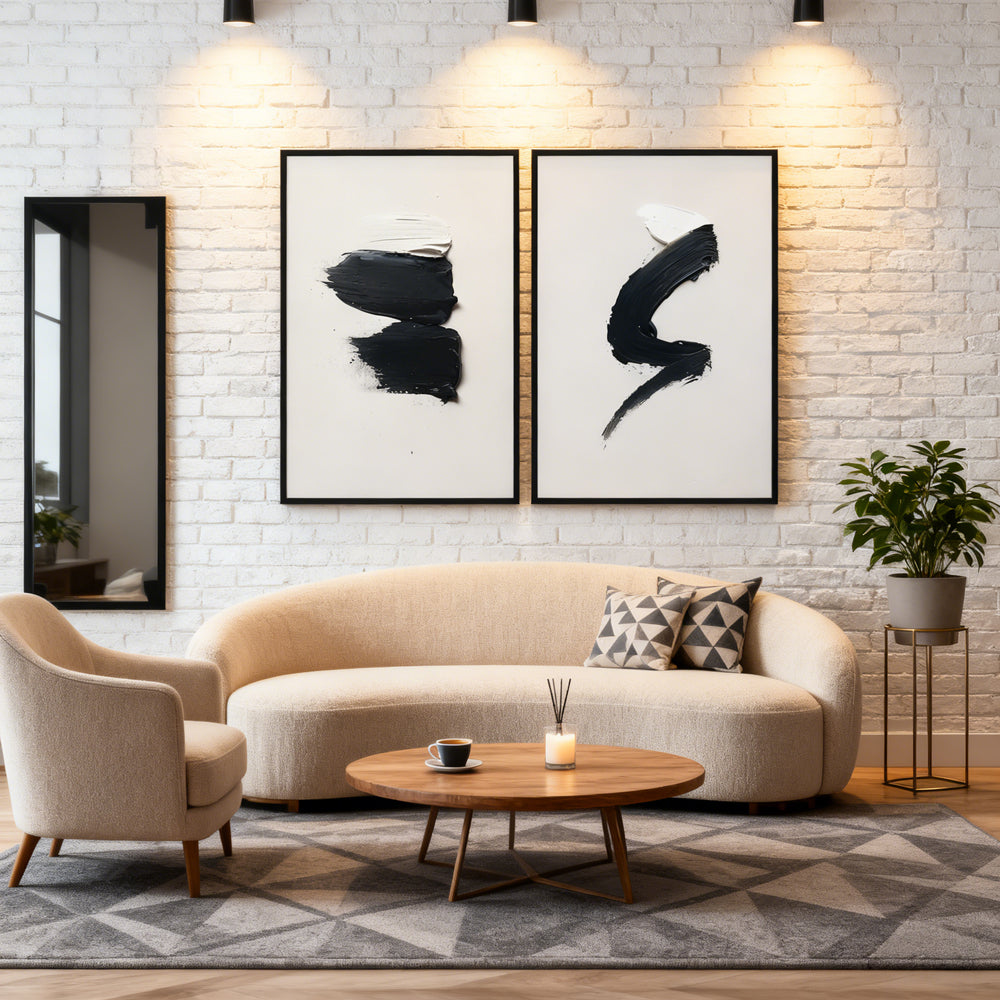 Black & White Stroke Duo – Minimalist Abstract Style Handmade Oil Painting Wall Art (Set of 2)