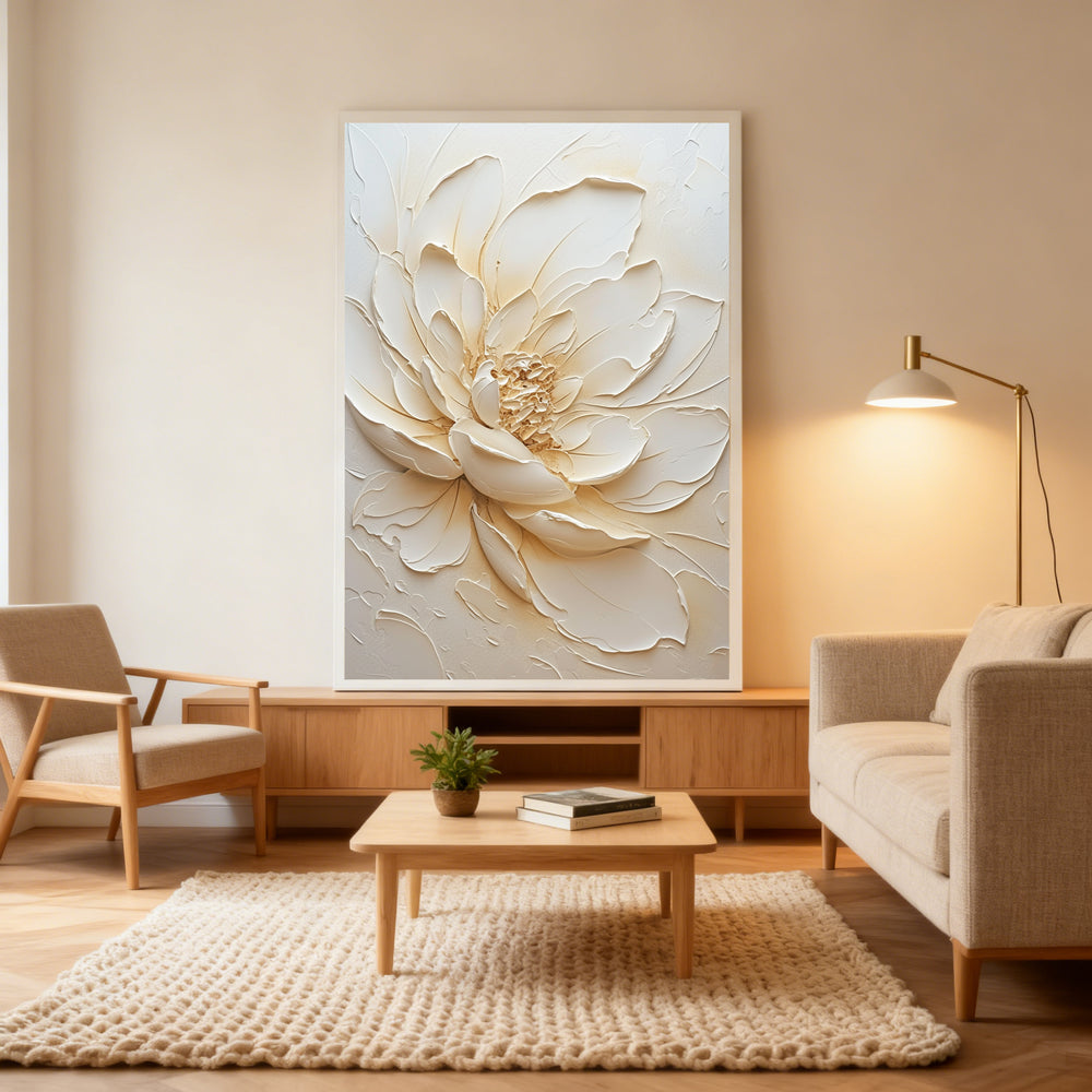 Ivory Bloom Texture Art – Impressionistic Floral Style Handmade Oil Painting Wall Art