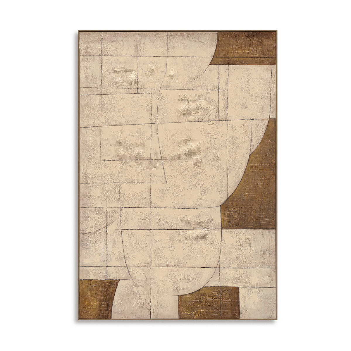 Handgemachtes abstraktes geometrisches Leinwandgemälde Neutrale Beige- und Goldtöne 