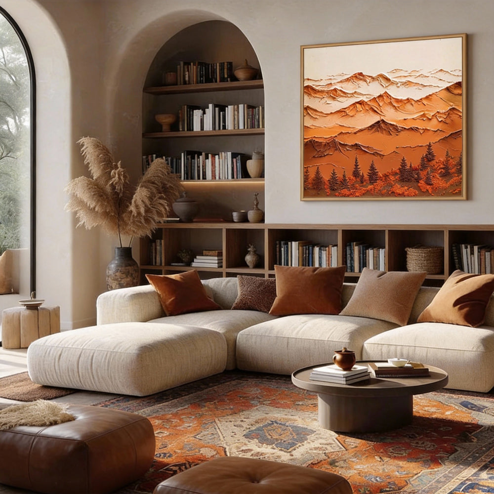 Majestic Mountain Serenity – Abstract Texture Landscape in Warm Earth Tones, Layered Peaks and Forest Elements-square canvas