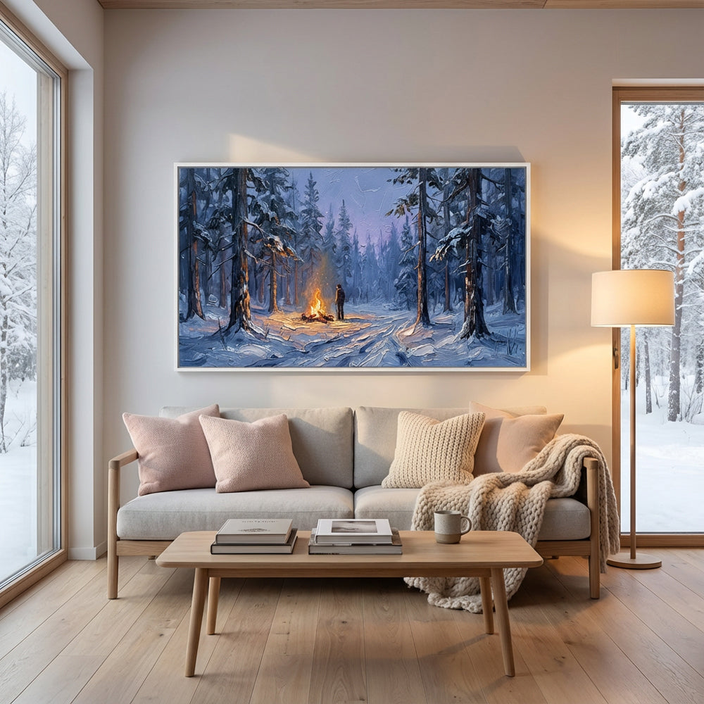 Winter Solitude by the Fire– Impressionist Wilderness Oil-Style Artwork Handcrafted Painting