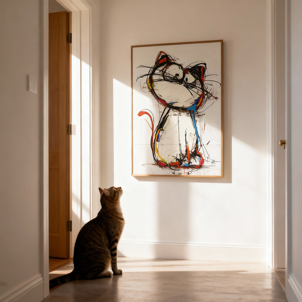 Whimsical Cat – Modern Abstract Expressionist Painting in Multicolor Tones, Playful Animal Elements