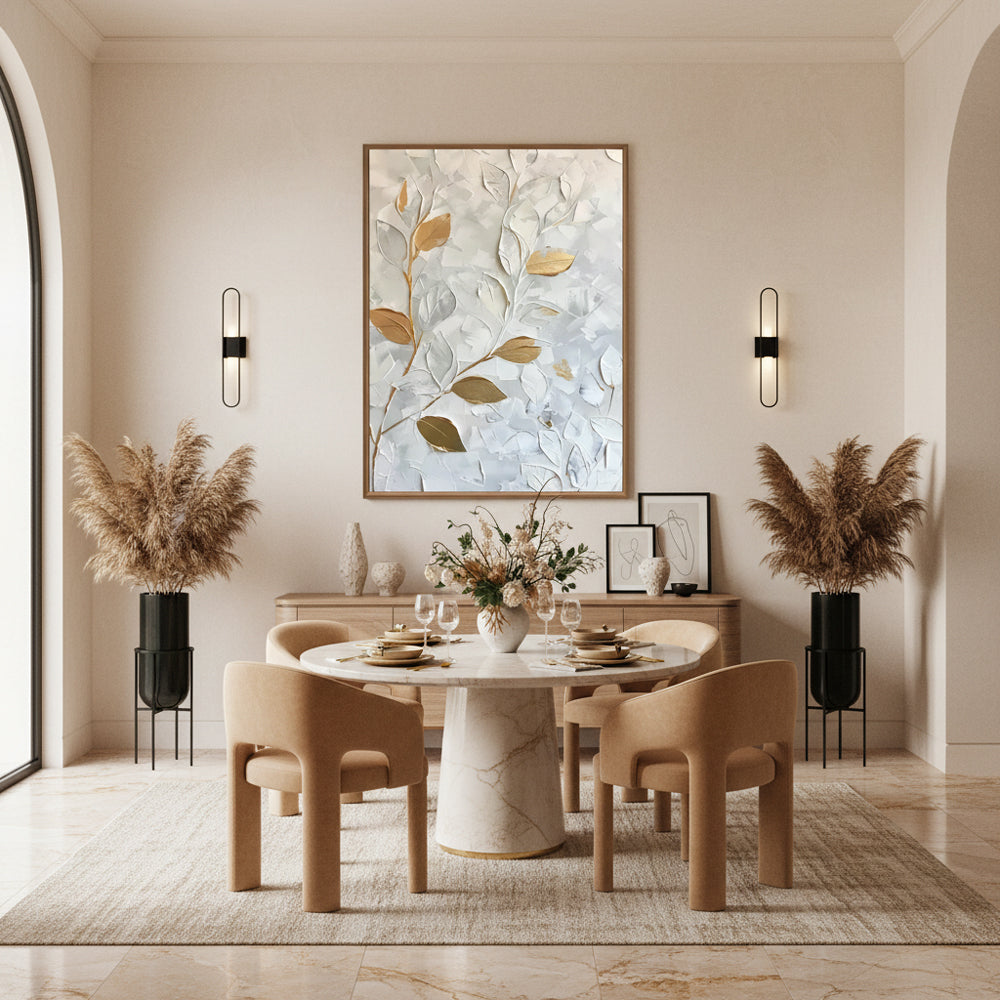 Still Veins– Hand-Painted Textured Floral Oil Painting Wall Art in White and Gold