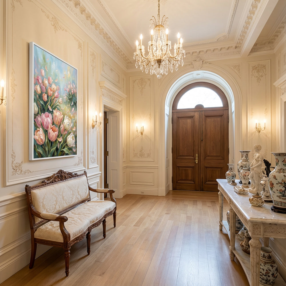 Dancing Petals in Morning Light – Impressionist Tulip Meadow Oil-Style Artwork original oil painting