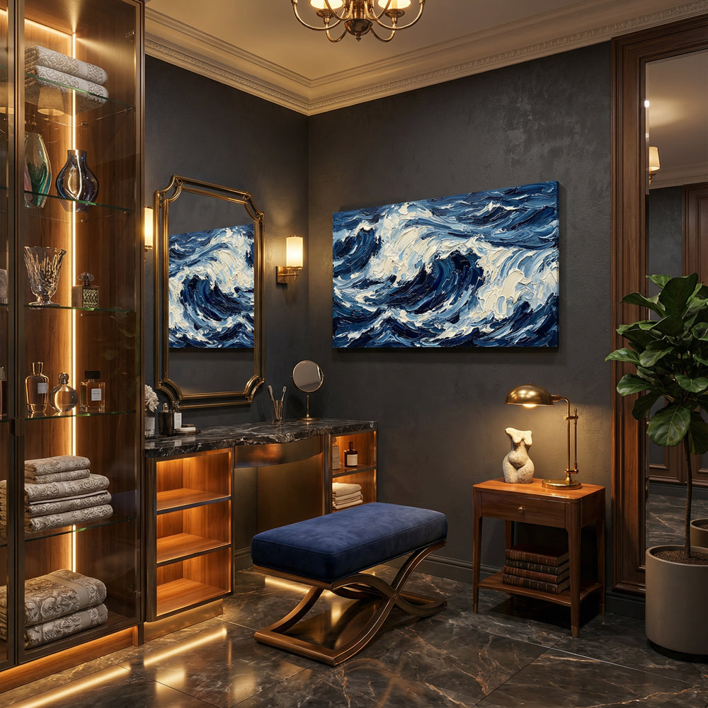 Endless Blue Waves | Contemporary Abstract Ocean Handmade Oil Painting Wall Art