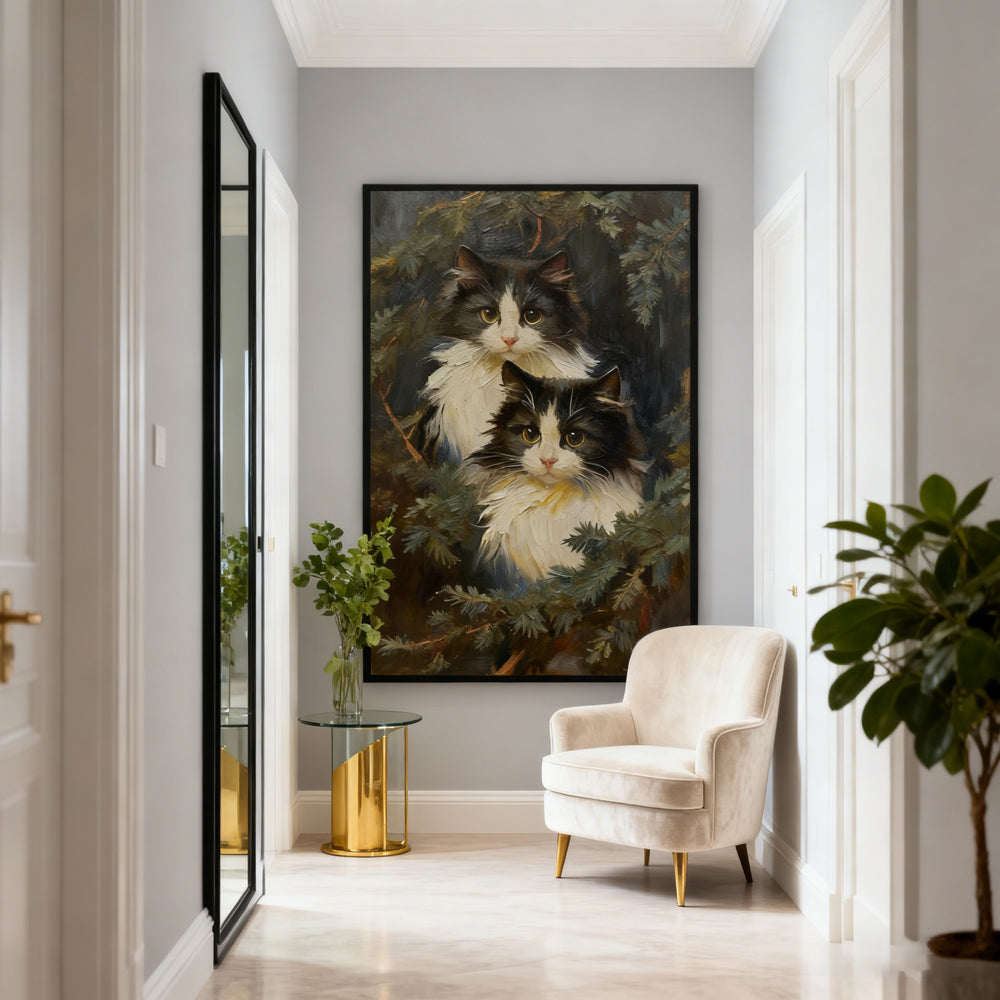 Two Cats in Forest – Realistic Oil Painting – Animal Wall Art