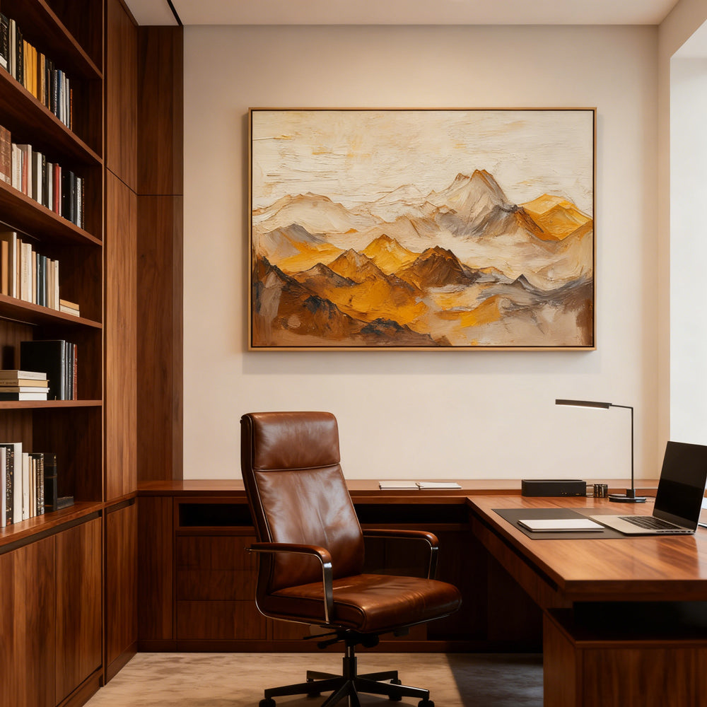 Golden Mountain Range Theme Painting – Impressionist Abstract Style Handmade Oil Painting Wall Art