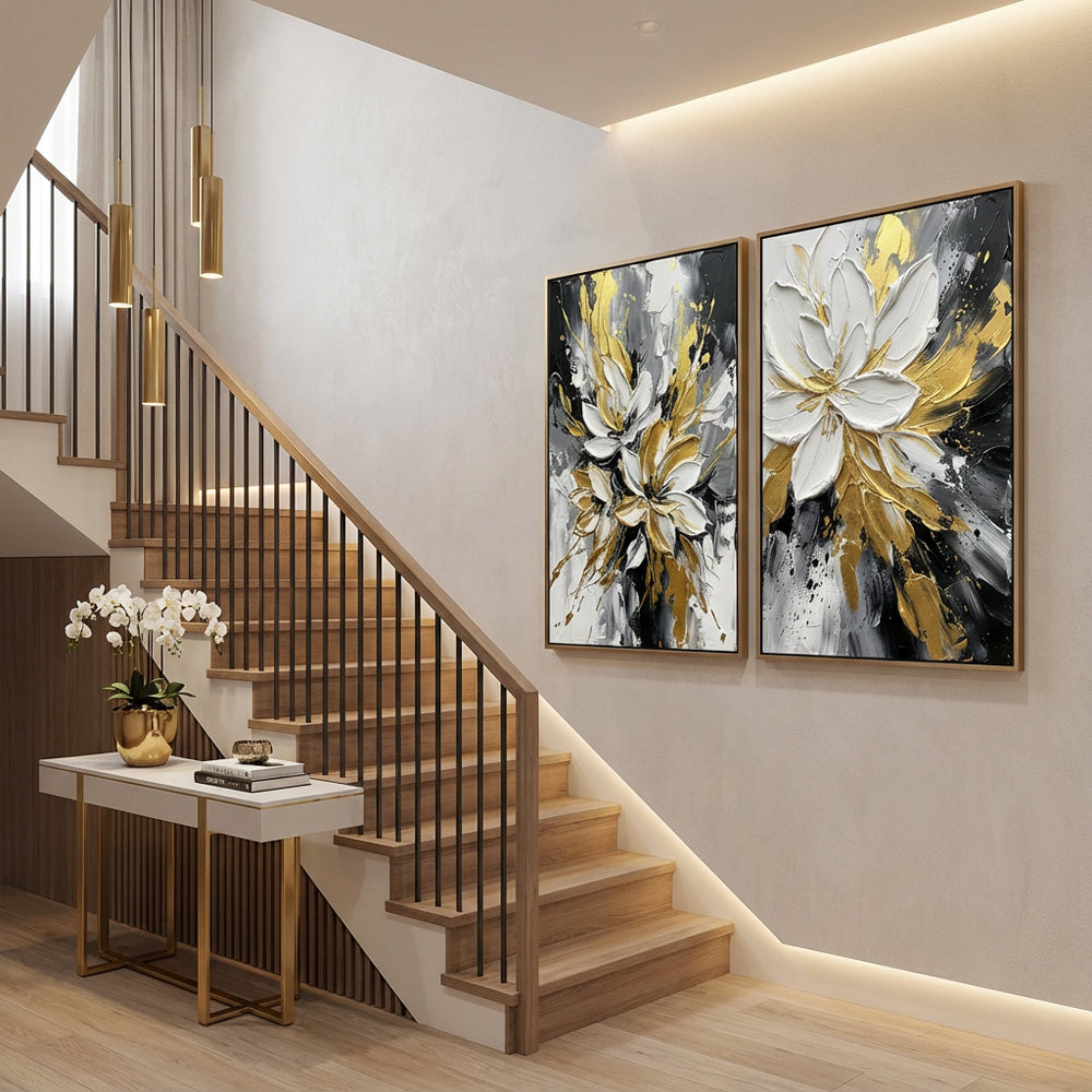 Golden Bloom Harmony | Abstract Floral Style Hand-Painted Oil Painting Wall Art (set of 2)