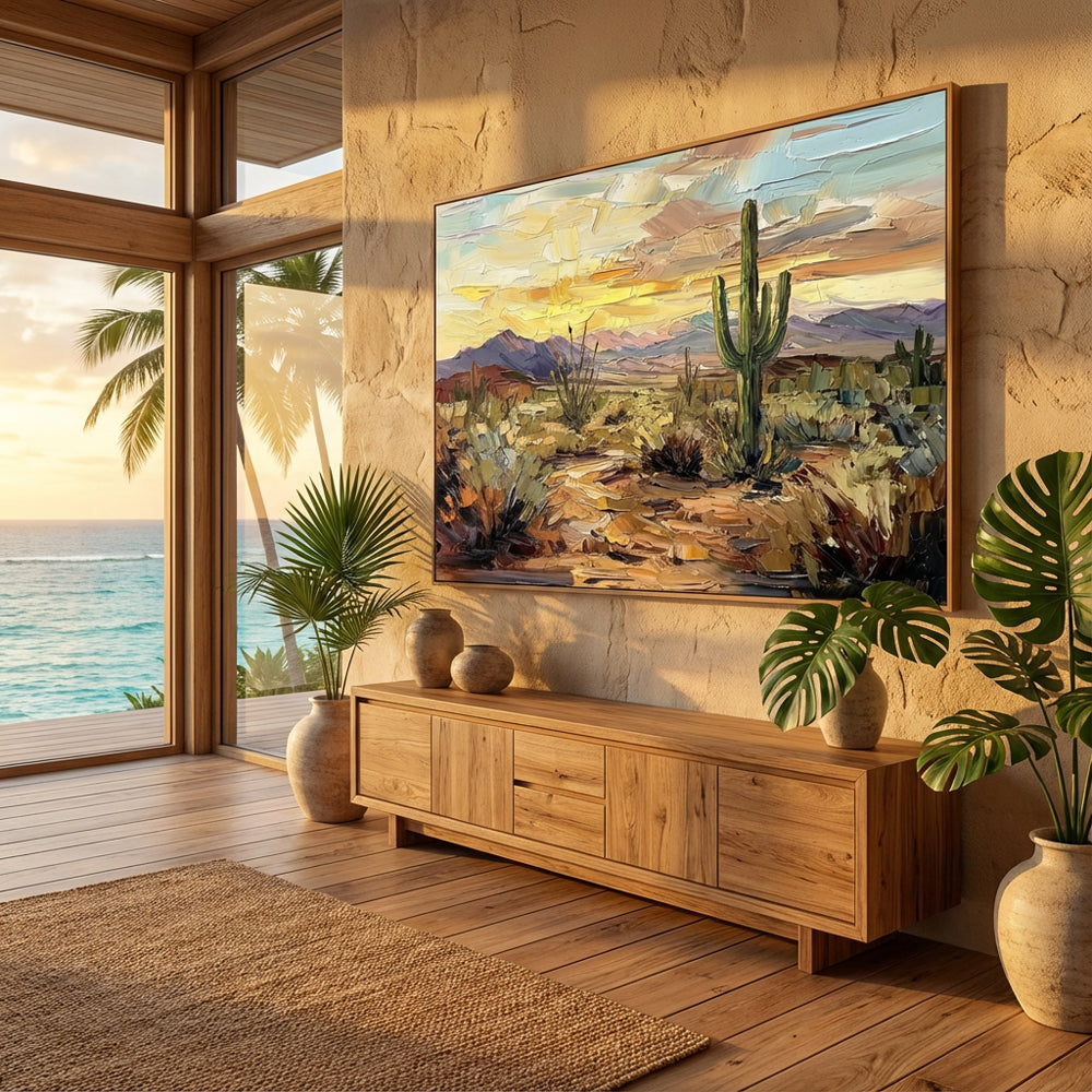 Desert Sunset texture Landscape Painting – Impressionist Style – Warm Earth Tones – Cactus & Mountain Elements