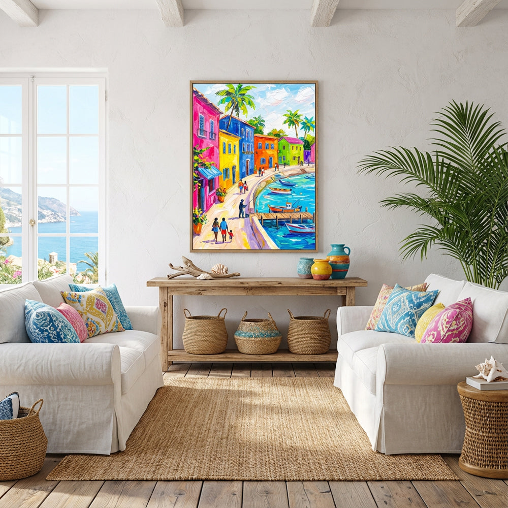 Vibrant Coastal Town Painting – Impressionist Palette Knife Style Handcrafted Painting artwall