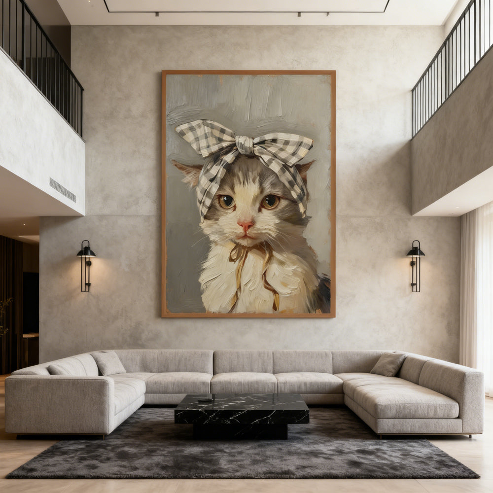 Charming Bow Kitten – Vintage Style Hand-Painted Oil Painting Wall Art