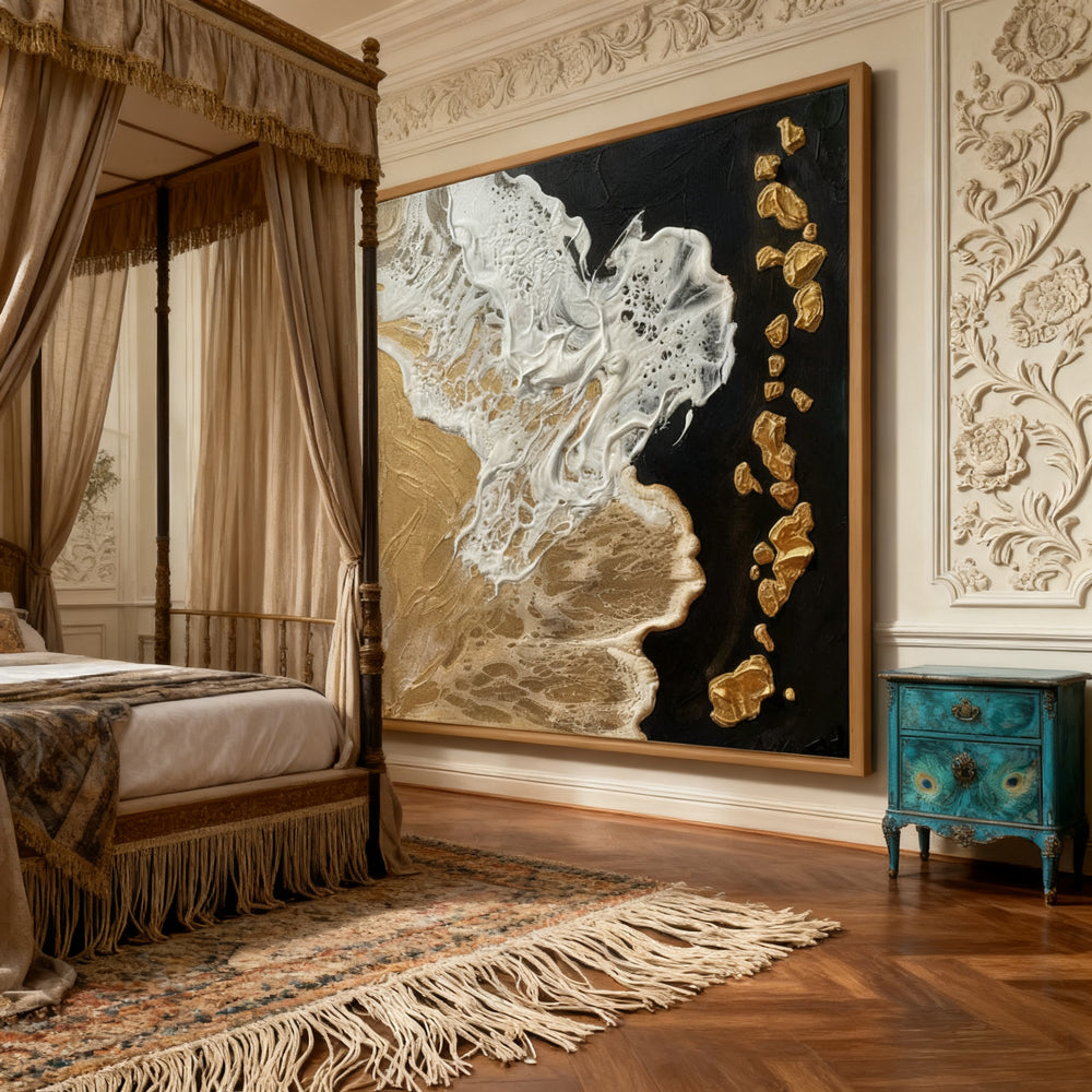 Gold, Black & White Tones – Sea Foam & Rock Elements  Handcrafted Painting