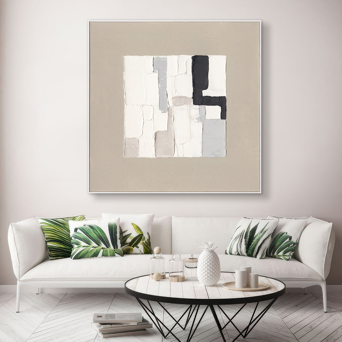 Bold monochrome blocks create striking balance, blending minimalism with timeless abstract elegance