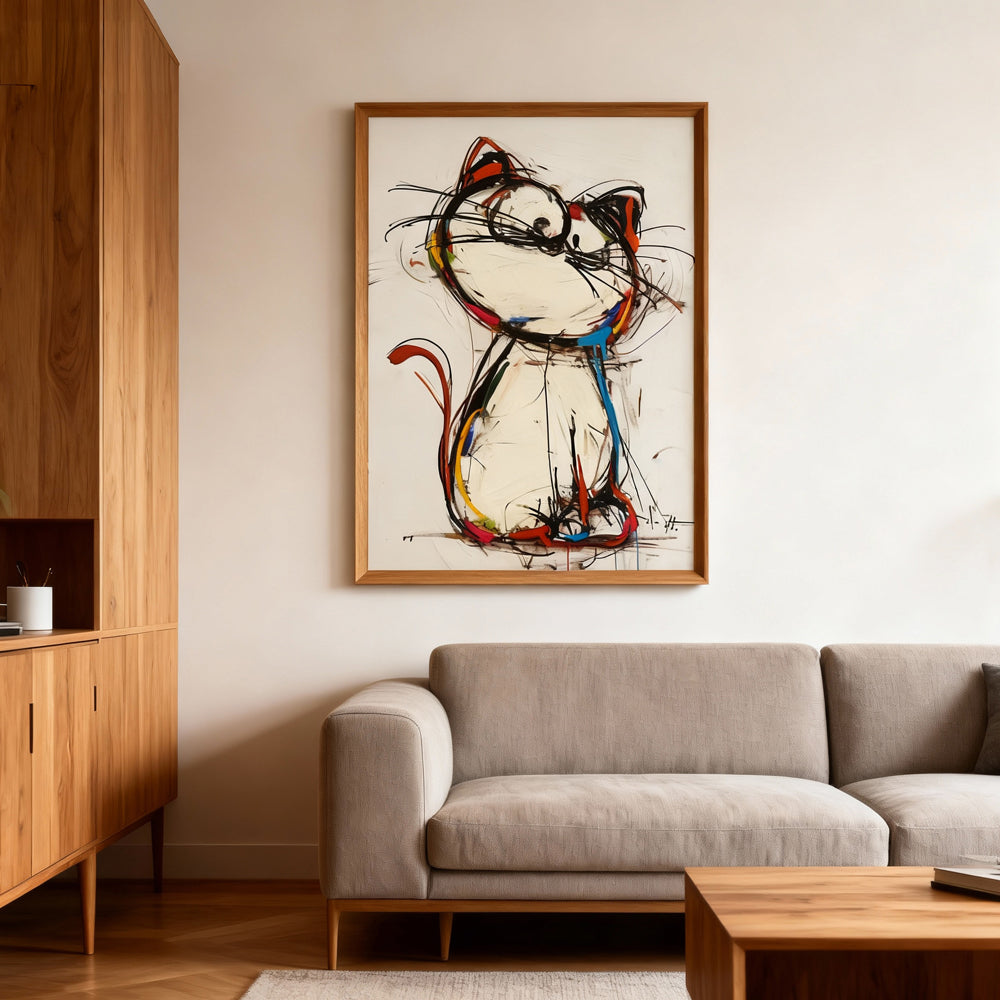 Whimsical Cat – Modern Abstract Expressionist Painting in Multicolor Tones, Playful Animal Elements
