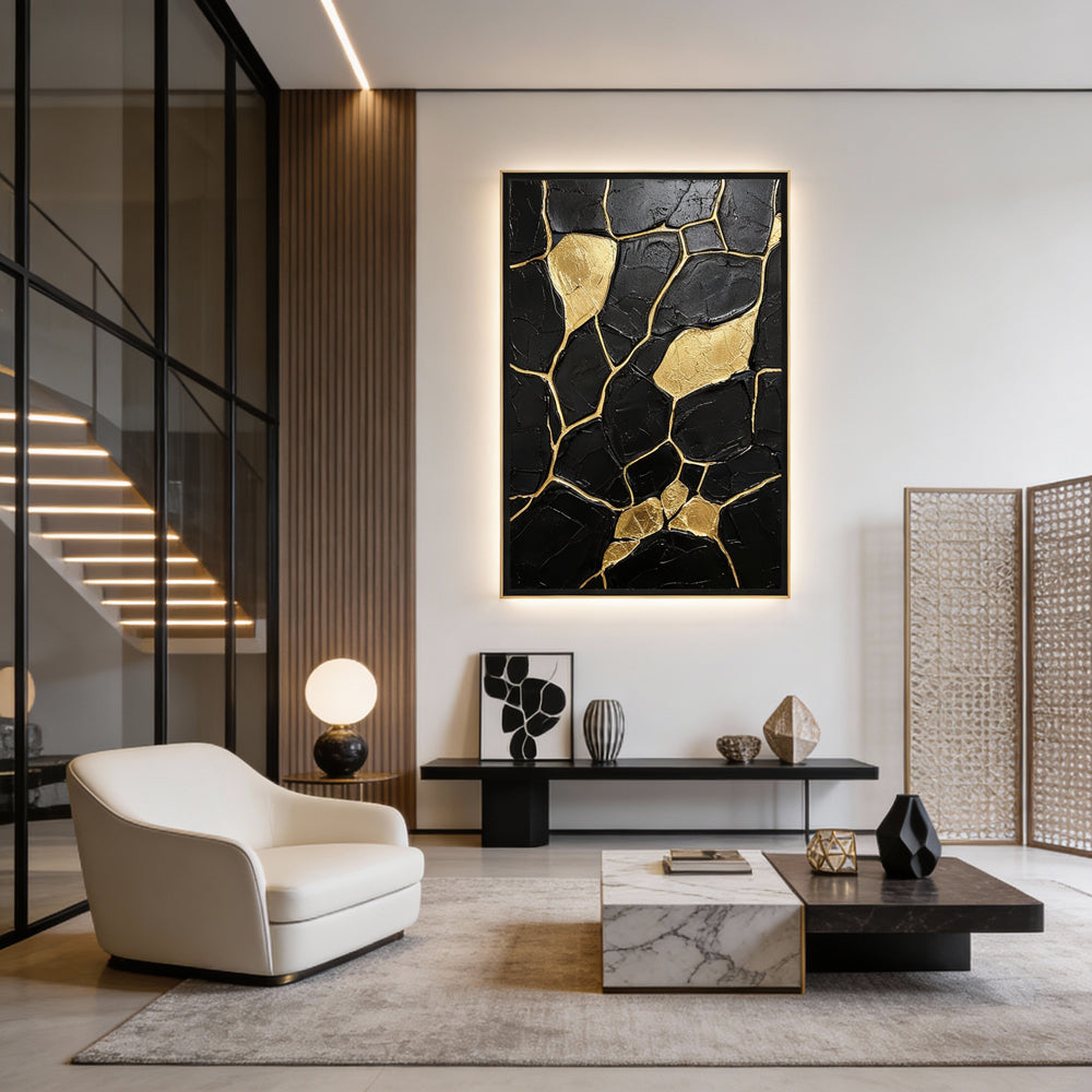 Veins of Gold Silence | Contemporary Abstract Black & Gold Hand-Painted Oil Painting Wall Art