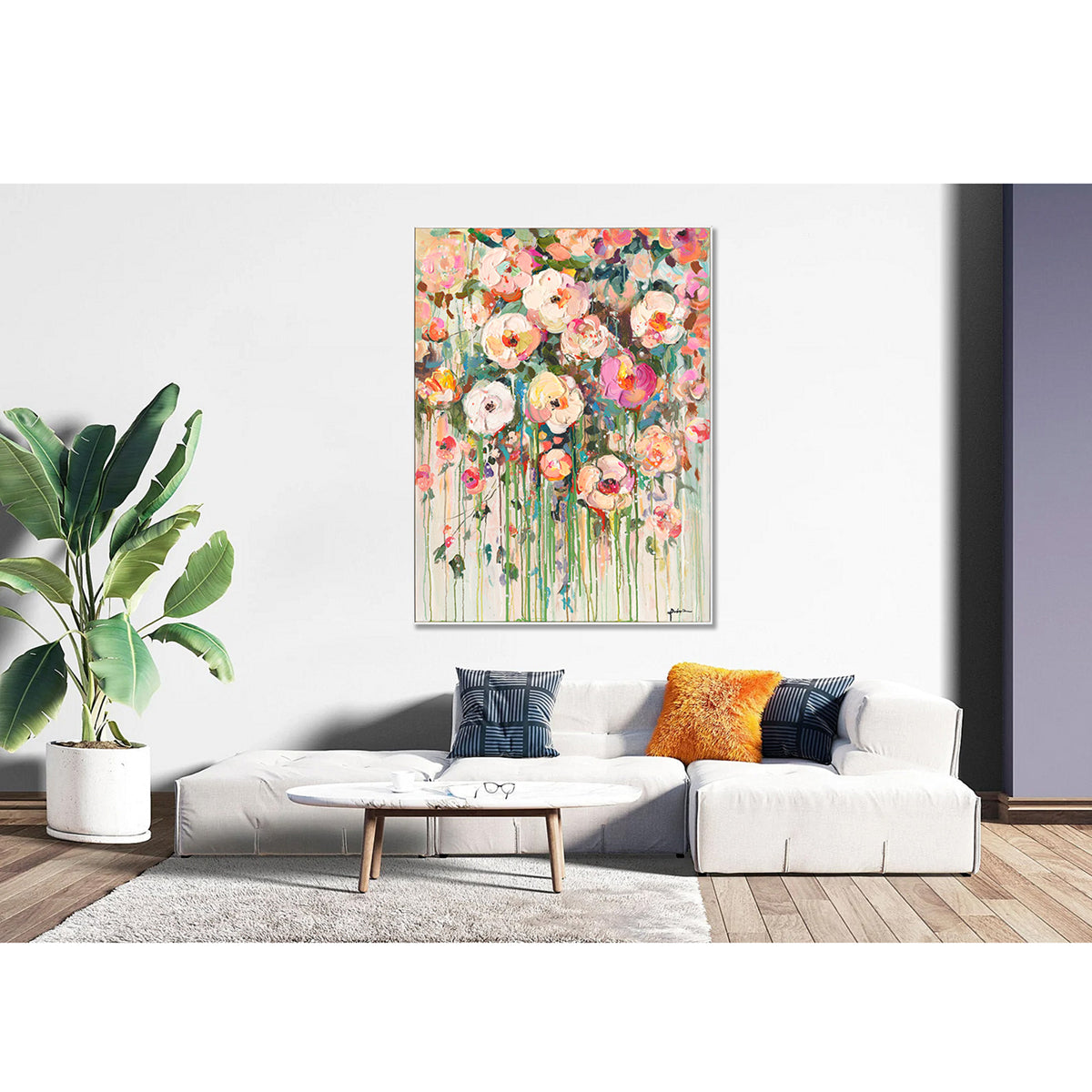 Handmade Abstract Floral Painting Colorful Blooming Garden on Canvas