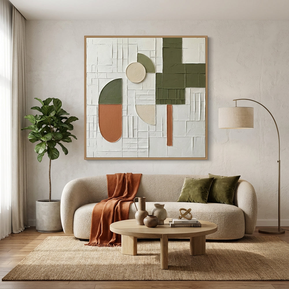 Geometric Abstract Art Panel – Minimalist Textured Style – White, Olive & Terracotta Tones – Shape & Grid Elements