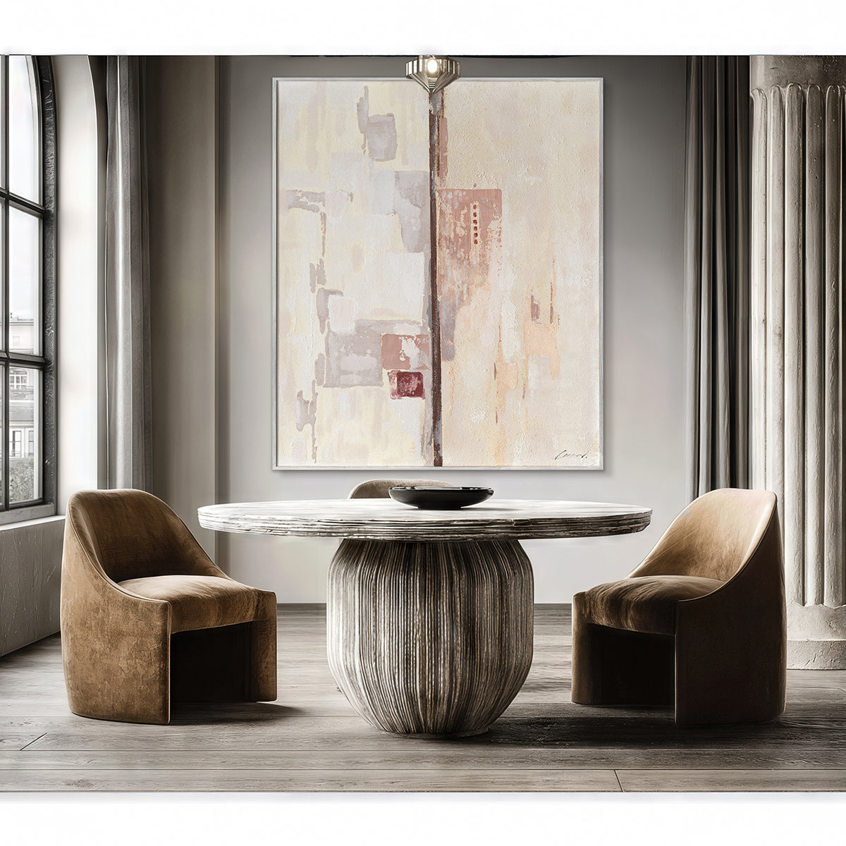 Abstract plaster strokes evoke serenity and structure, perfect for refined modern interiors.
