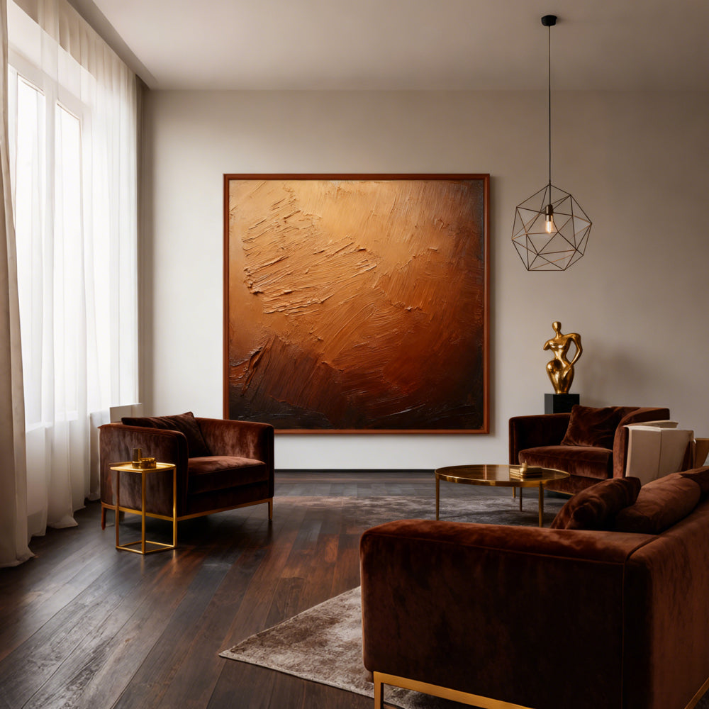 Bronze Horizon Texture Art – Abstract Expressionist Style Handmade Oil Painting Wall Art