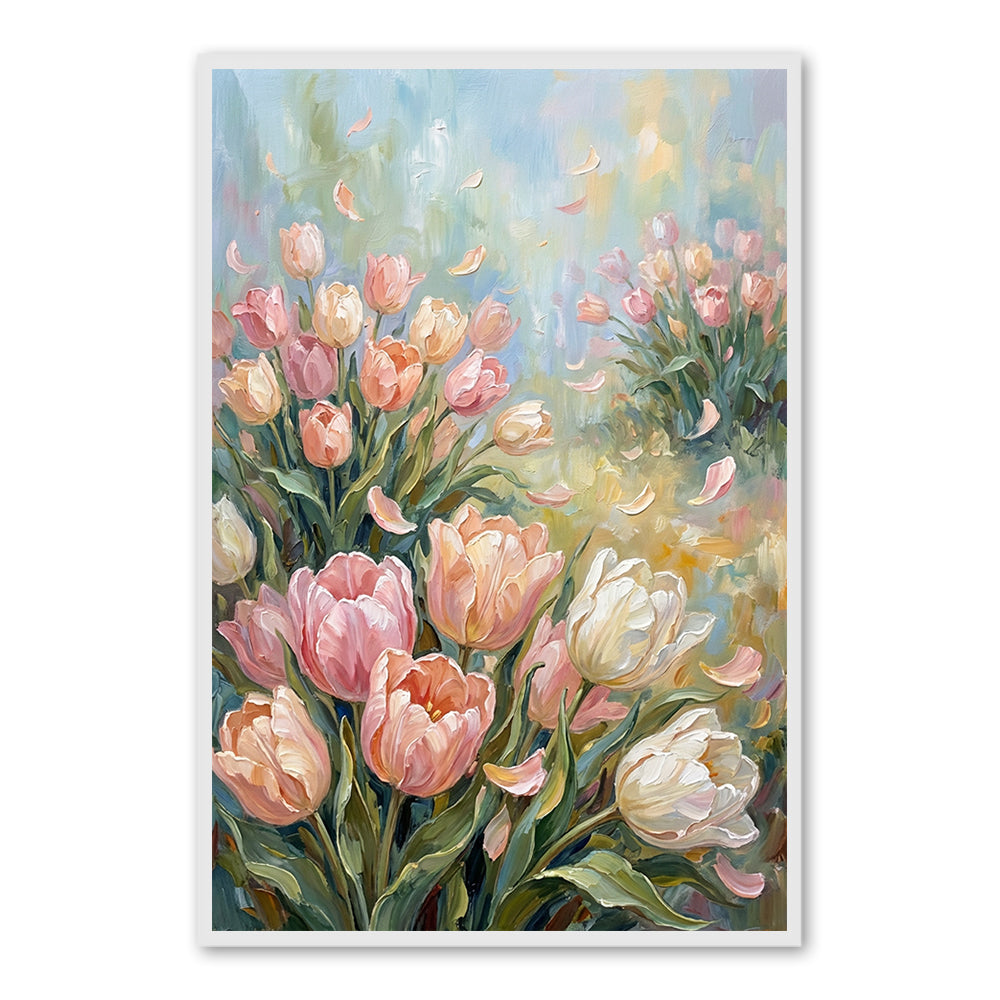 Dancing Petals in Morning Light – Impressionist Tulip Meadow Oil-Style Artwork original oil painting