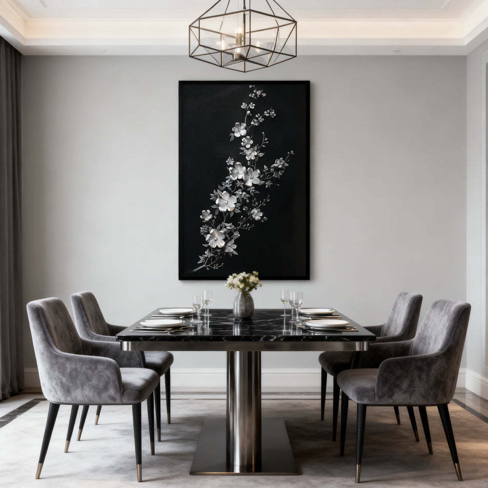 Silver Blossom Elegance – Modern Minimal Relief Style Handmade Oil Painting Wall Art