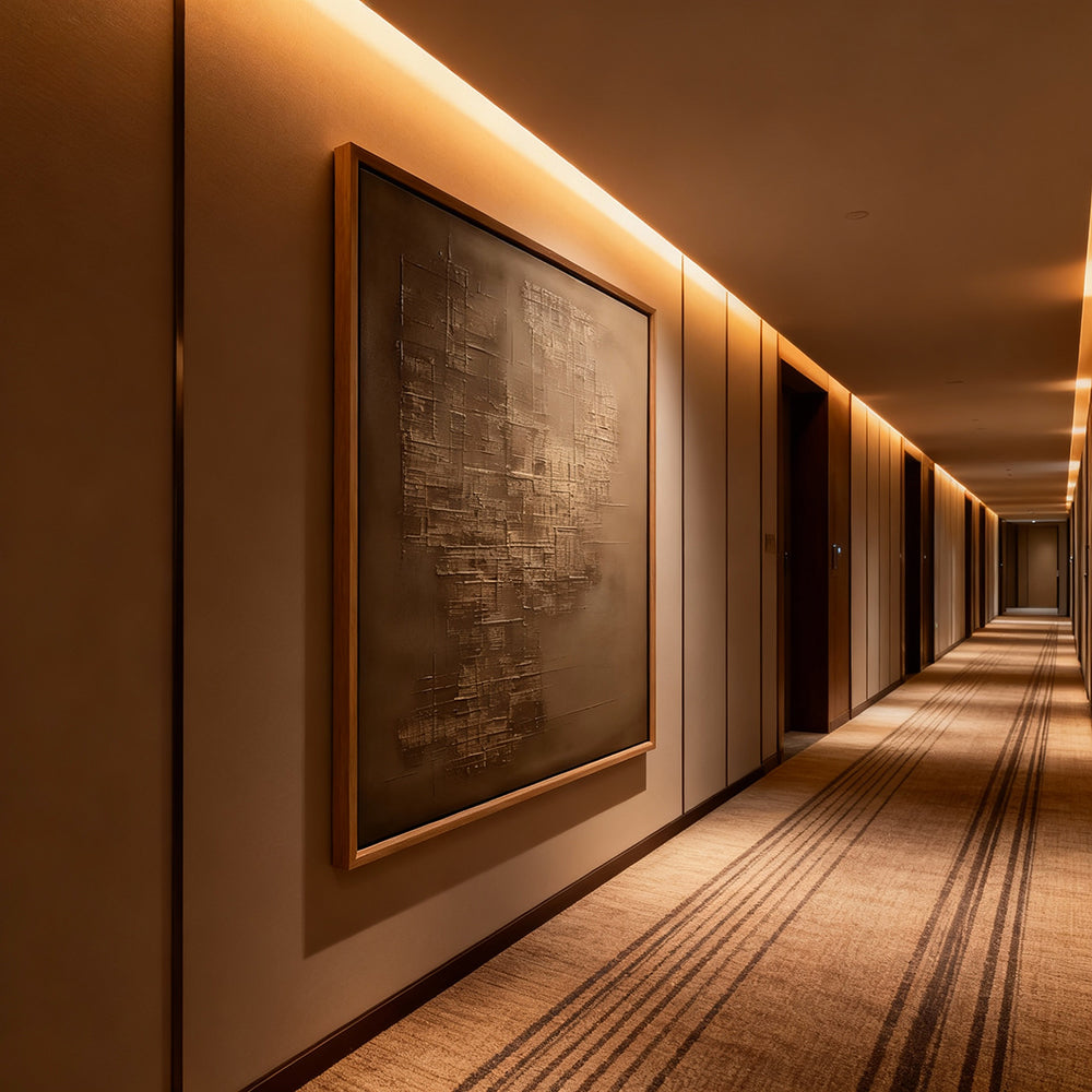 Golden Strata – Geometric Abstract Texture Painting in Metallic Gray Tones, Minimalist Structure Elements